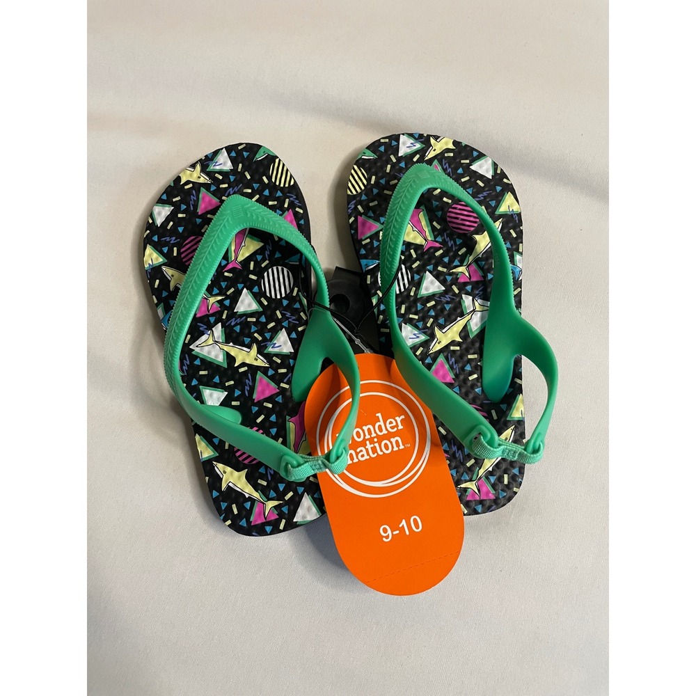 Wonder Nation Toddler Shark Geometric Flip Flops Green Backstrap 9-10